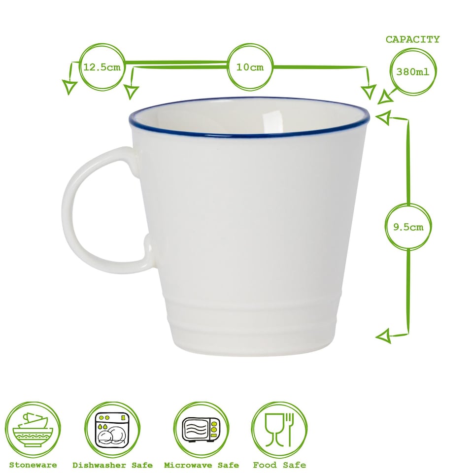 image 1 of Nicola Spring 380ml Farmhouse Mugs - Set of 6 Porcelain Tea & Coffee Cup Rustic Cottage Drinkware with Rolled Rim & Comfort Handle | White | White/Blue Rim | 12.5 x 10 x 9.5 CM | 6