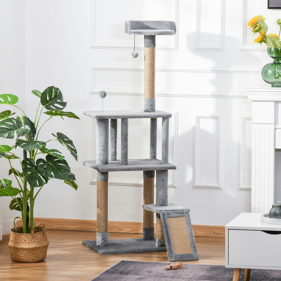 image 1 of PawHut Cat Tree 142cm Activity Center with Jute Scratching Post Condo, Grey
