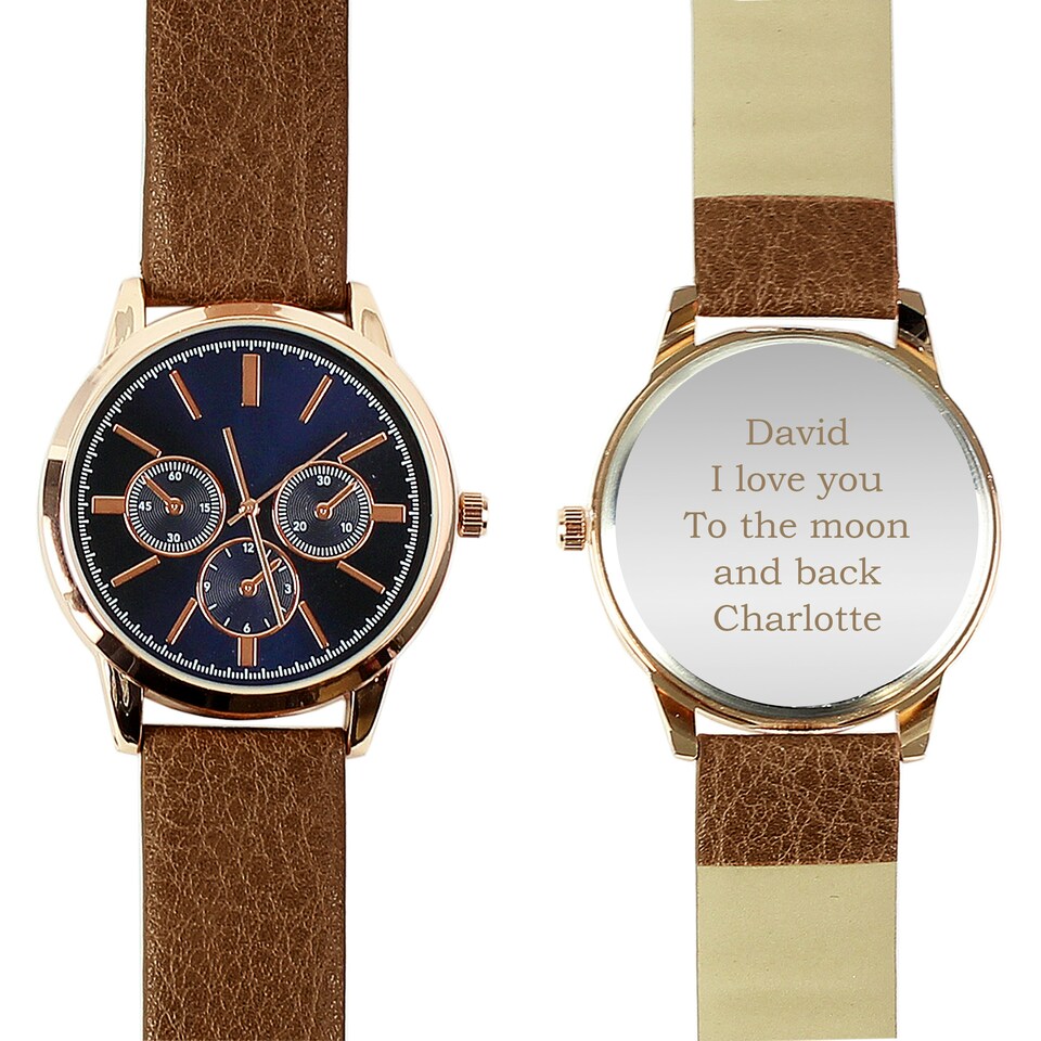 image 1 of Personalised Mens Rose Gold Tone Watch with Brown Strap and Presentation Box