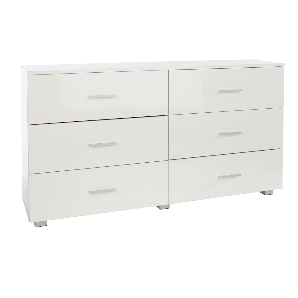 image 1 of Lido 3+3 Drawer White Gloss Wide Chest of Drawers - White High Gloss Bedroom Storage with Matte Silver Handles | White | White | 1