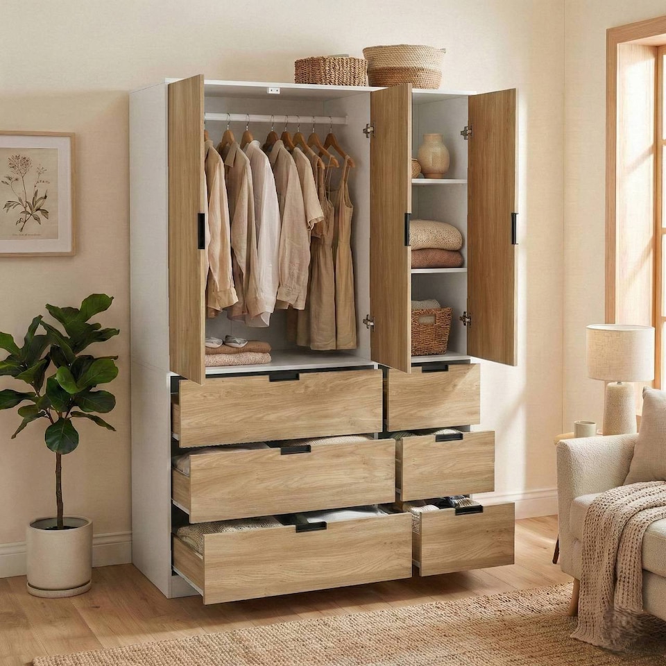 image 1 of RIGA 3 Door 6 Drawer Wardrobe | White | White & Oak | 10 x 44.5 x 79 | 1