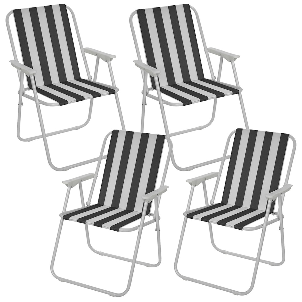 image 1 of Garden Patio Metal Folding Spring Deck Chairs Camping Beach Picnic Outdoor Seats | Black | 4 x Black & White Stripe