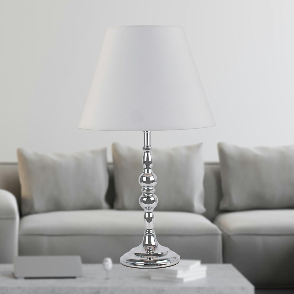 image 1 of Set of 2 Chrome Table Lamps with Decorative Stem and Ivory Shades Chrome | White