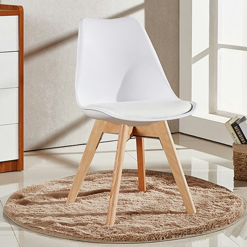 image 1 of Set of 6 Scandinavian Dining Chairs with Leather Cushions Solid Wood Legs White
