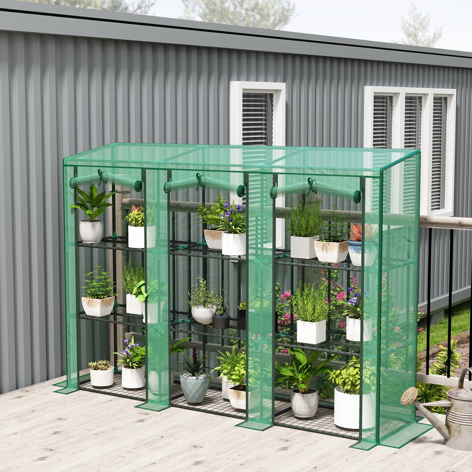 image 1 of Outsunny 3 Tier Lean-to Mini Greenhouse with PE Cover, Green | Green | Green | 215L x 46W x 151H cm