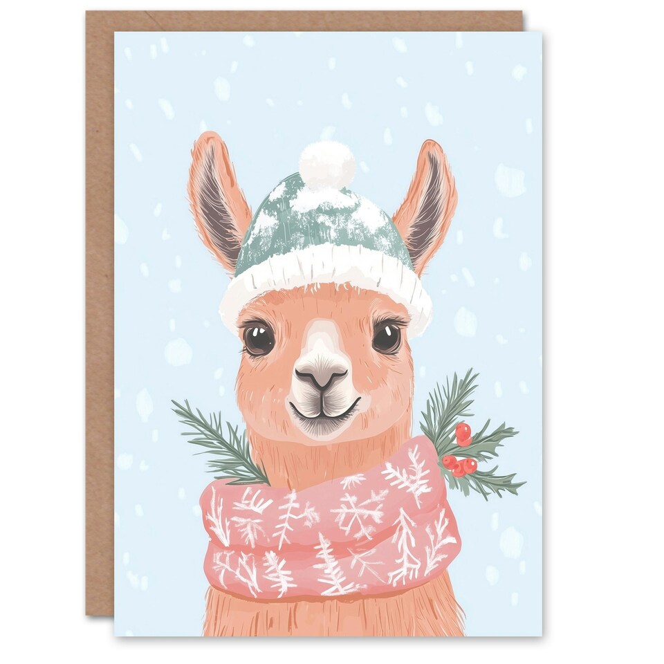 image 1 of Greeting Card Cute Llama Snow Ball Hat Winter Scarf Fun Modern For Her Woman Xmas Christmas Card