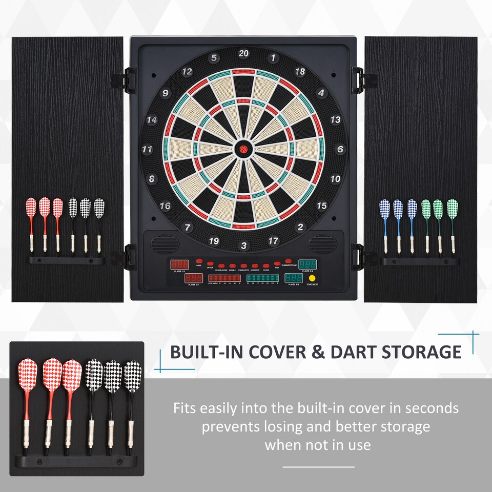 image 1 of HOMCOM Electronic Dartboard Set, 27 Games Modes and 202 Variations, LED & 12 Soft Tip Darts and Cabinet to Storage, Ready-to-Play Multi-Game Option Darts Machine