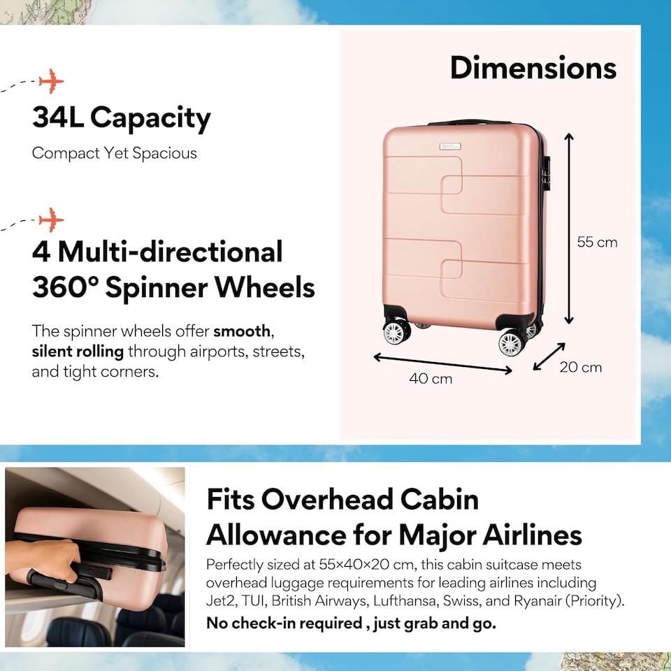 image 1 of Straame 55x40x20 cm Rose Gold Cabin Suitcase, 360° Spinner Wheels