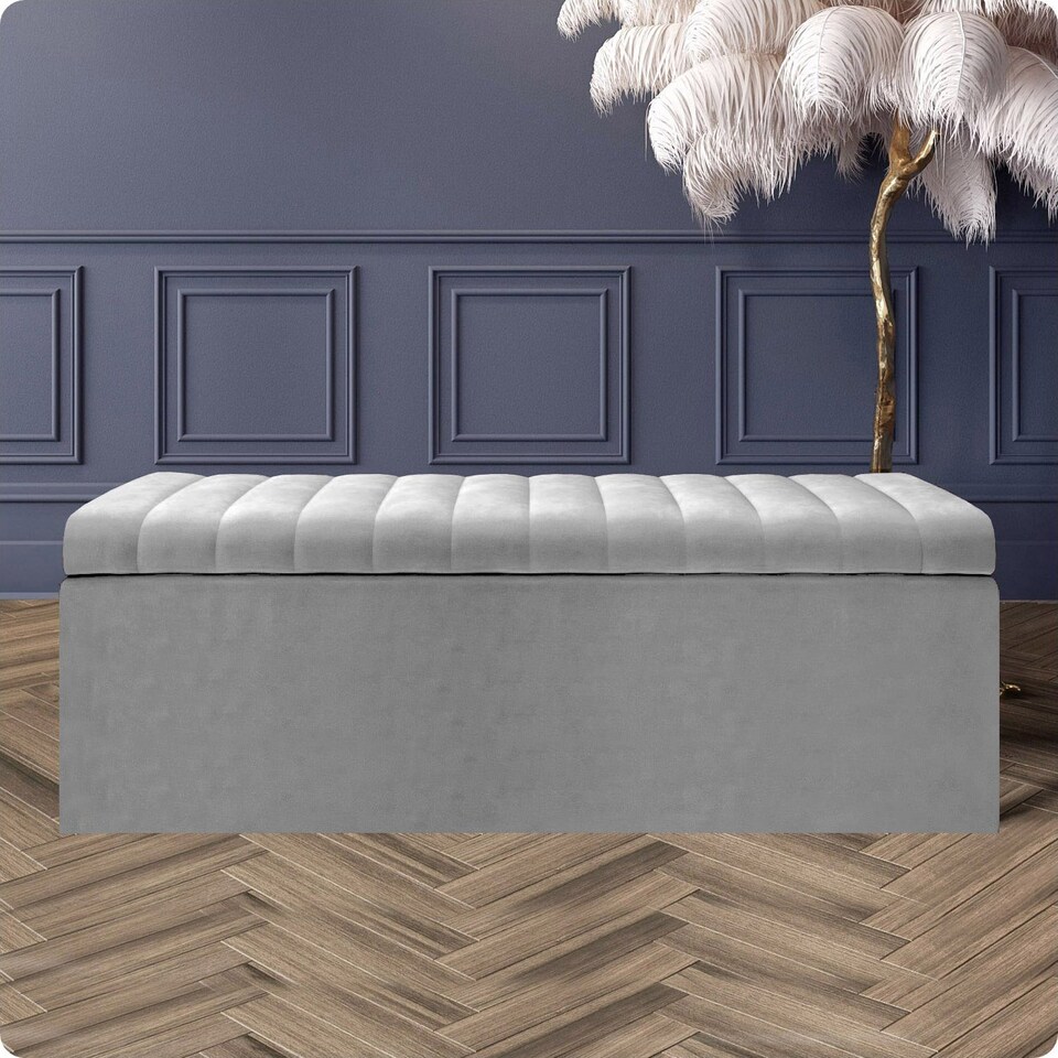 image 1 of 180cm Safar Large Striped Storage Ottoman Box, Silver Plush Velvet Upholstered Deep Storage Ottoman End of Bed Bench