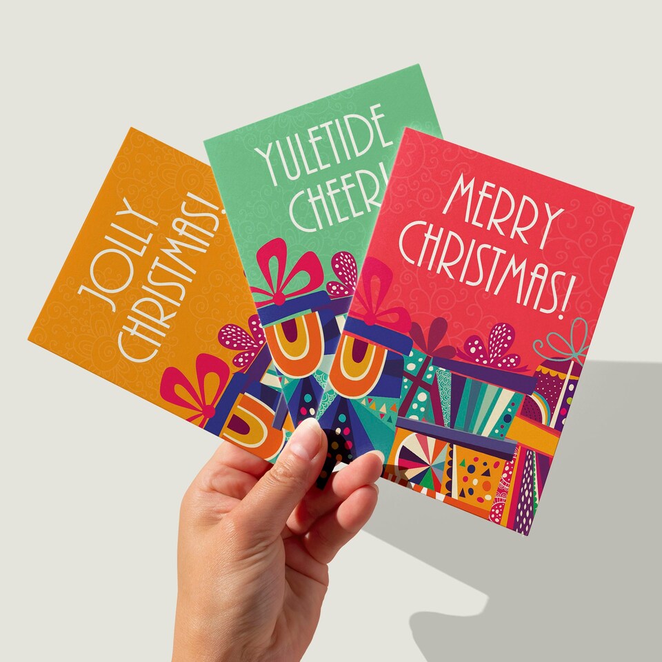 image 1 of Christmas Cards Set of 8 - A6 Size - Festive Greetings Colourful Presents