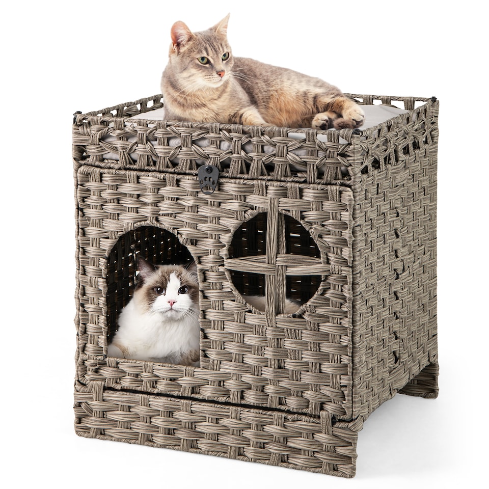 image 1 of COSTWAY Foldable 2-tier Rattan Cat Litter Box Enclosure With  Litter Mat-Gray