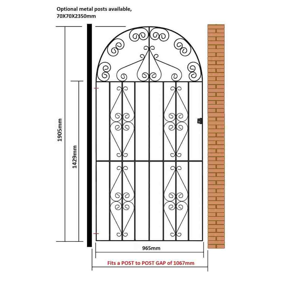 image 1 of Stirling Scroll Tall Bow Top Single Gate - Solid Steel - Fits Gap of 1067 mm x 1905 mm High - Electro Galv./Black Powder Coated | Black | 1