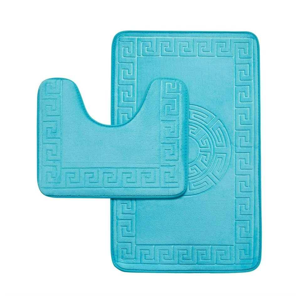 image 1 of VELVETIO Bath Mat Set Greek Pattern Anti Slip Memory Foam Toilet Rug Blue | Aqua