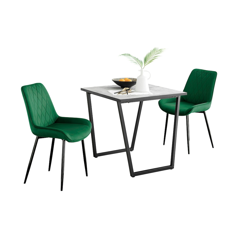 image 1 of Furniturebox Carson White Marble Effect Square Dining Table & 2 Green Pesaro Black Leg Chairs