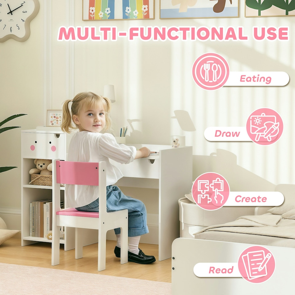image 1 of AIYAPLAY Kids Desk and Chair Set, Toddler Table and Chair Set, White/Pink White