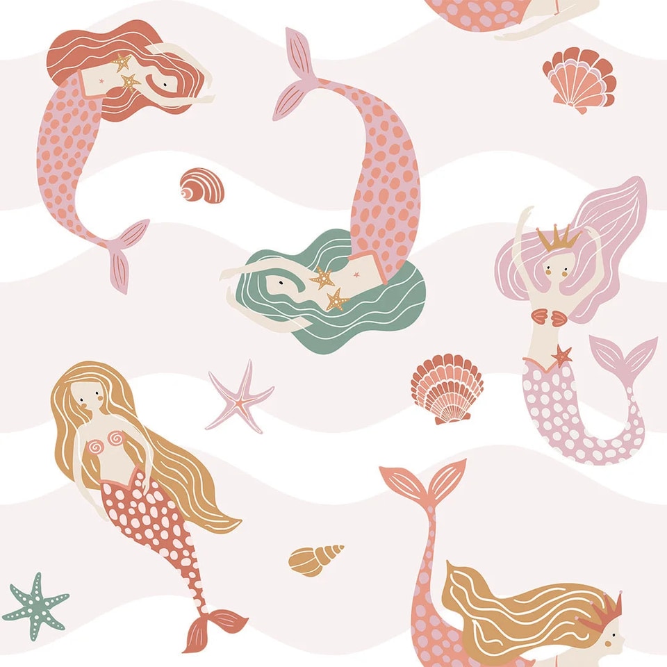 image 1 of Mermaid Friends Wallpaper in Pink | Pink | Pink