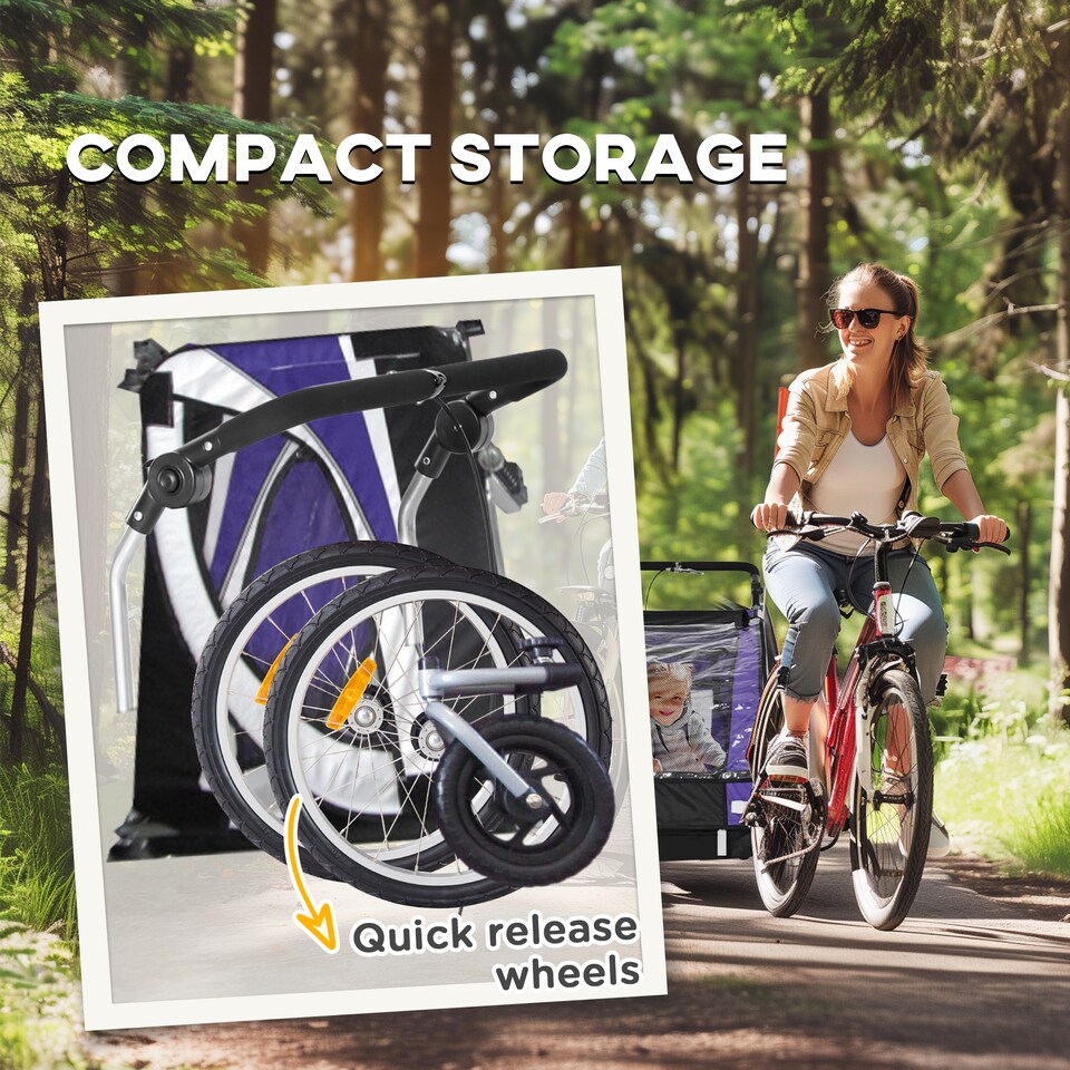 image 1 of HOMCOM 2 Seat Child Bike Trailer, Baby Bicycle Trailer for 2 Kids, Purple | Purple | Purple & Black & White | 155L x 84W x 108H cm