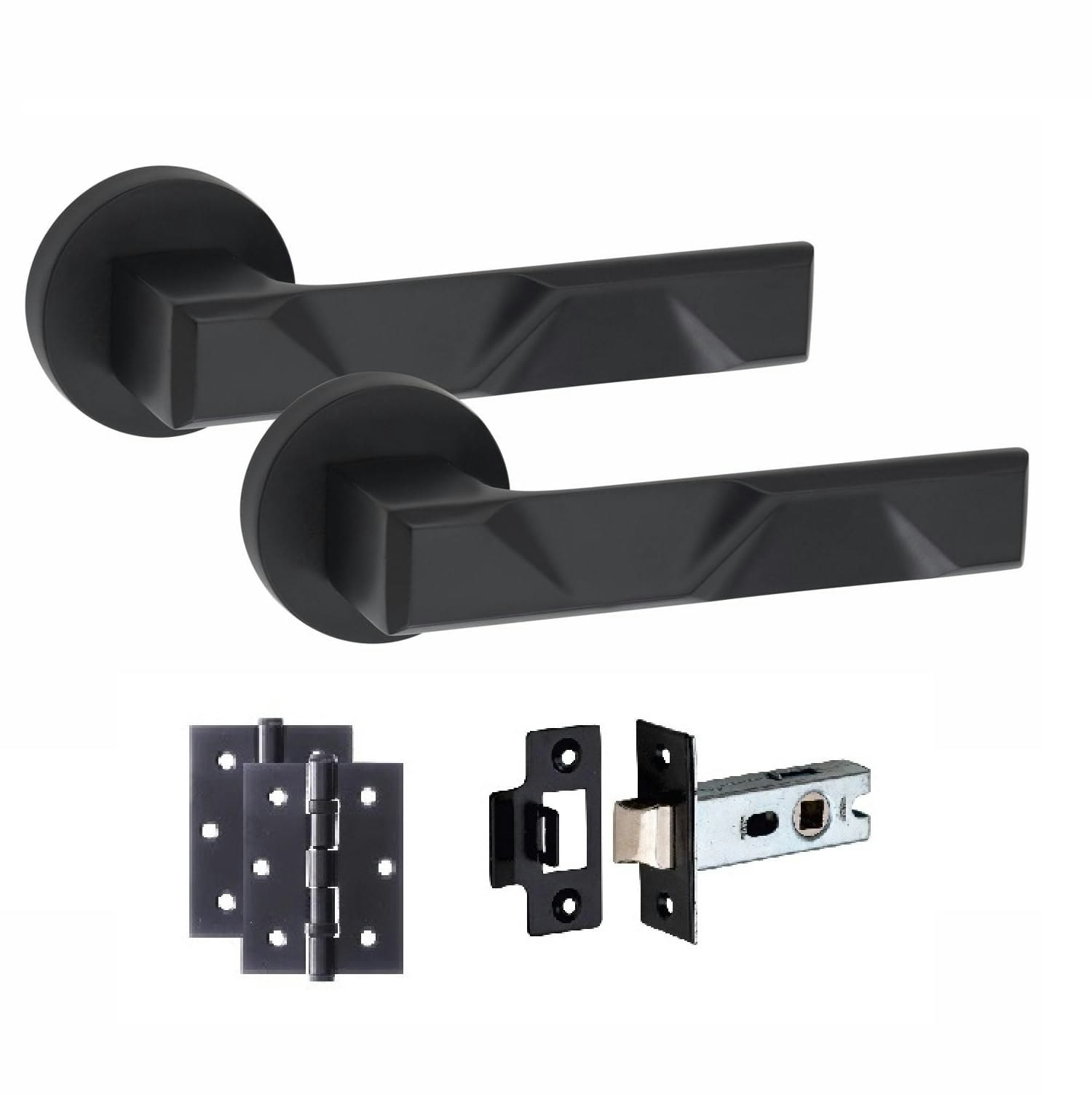 Golden Grace 1 Pair Modern Nova Design Premium Door Handles on Round Rose in Matt Black Finish with 3" Ball Bearing Hinges and 2.5" Tubular Latch Blac