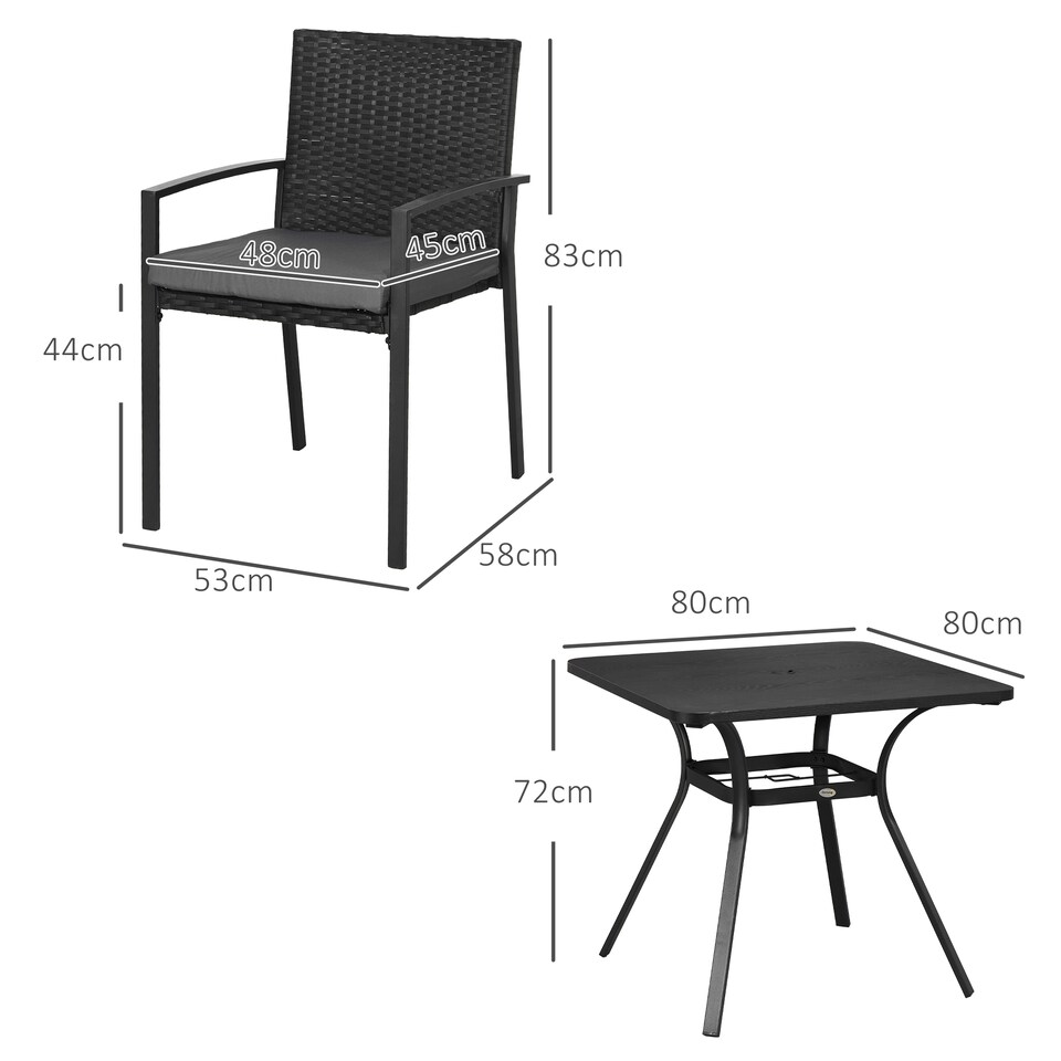 image 1 of Outsunny 4 Seater Rattan Dining Set with Cushions, Wood Effect Metal Top Table with Umbrella Hole, PE Rattan Garden Furniture Set, Outdoor Dining Table and Chairs for Patio, Balcony, Lawn, Black
