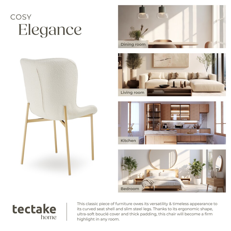 image 1 of Dining Chair Tessa - ergonomic high backrest, slim steel legs, soft fabric | White | Bouclé white/gold | 1