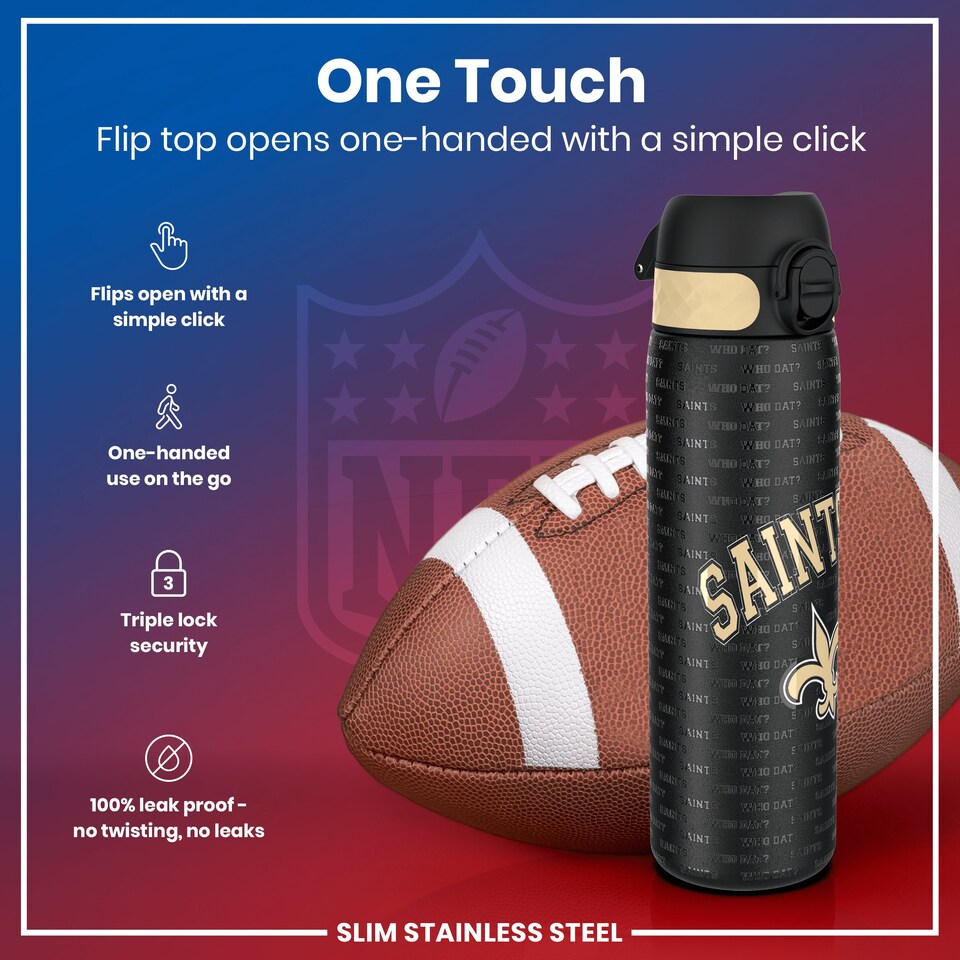 image 1 of Leak Proof Slim Water Bottle, Stainless Steel, NFL, 600ml (20oz) | Black | NFL Saints | One Size