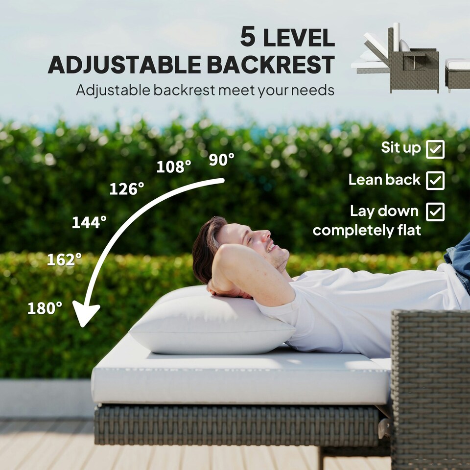image 1 of Outsunny Garden Rattan Furniture Set 2 Seater Patio Sun Lounger Daybed Sun Bed 