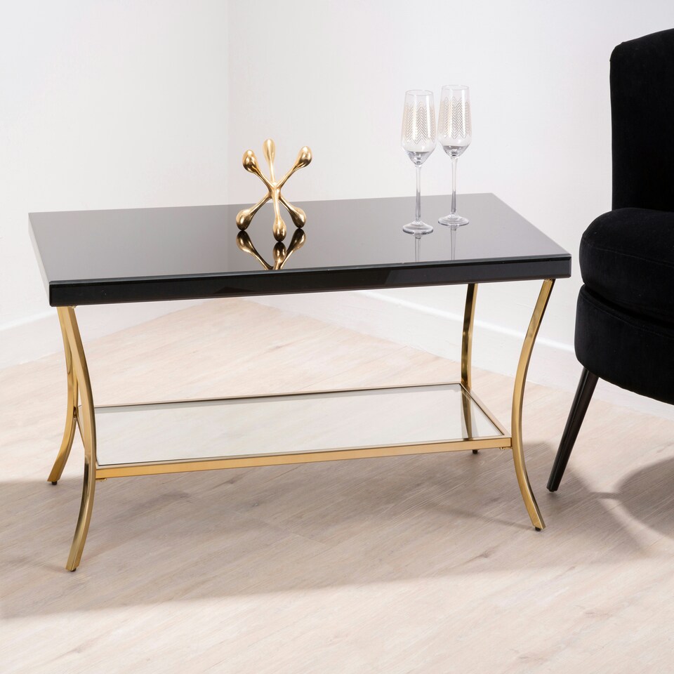 image 1 of Interiors by Premier Durable Black Coffee Table, Elegant Gold Finish Decorative Coffee Table With Curved Legs & Glossy Black Top Black