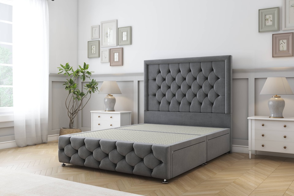 image 1 of Sloomy Vienna Armour Coniston Divan Bed Base No Drawers With 54 Inch Floor Standing Headboard & 12 Inch Matching Footboard | Grey | Armour | Small Double | 1