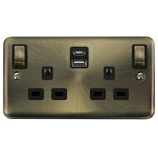 SE HOME Curved Antique Brass 2 Gang 13A DP Ingot Type A & C USB Twin Double Switched Plug Socket Brown | Brass