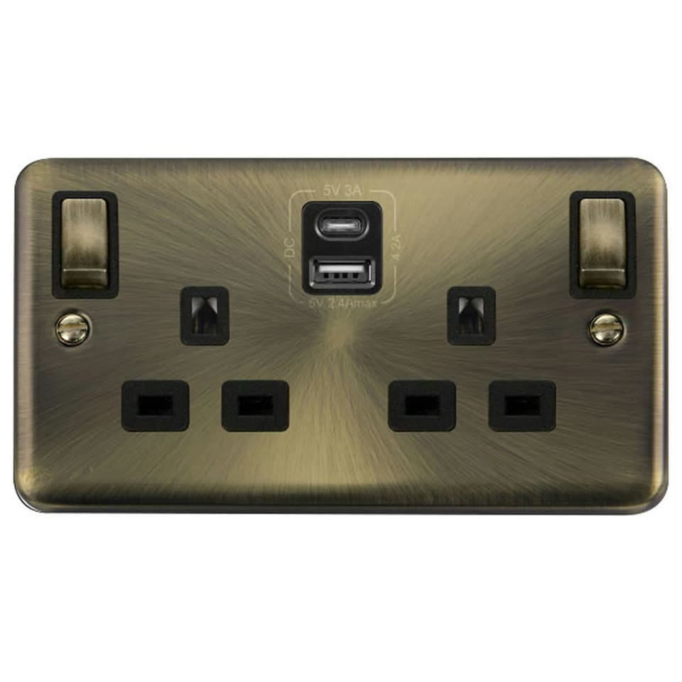 SE HOME Curved Antique Brass 2 Gang 13A DP Ingot Type A & C USB Twin Double Switched Plug Socket Brown | Brass