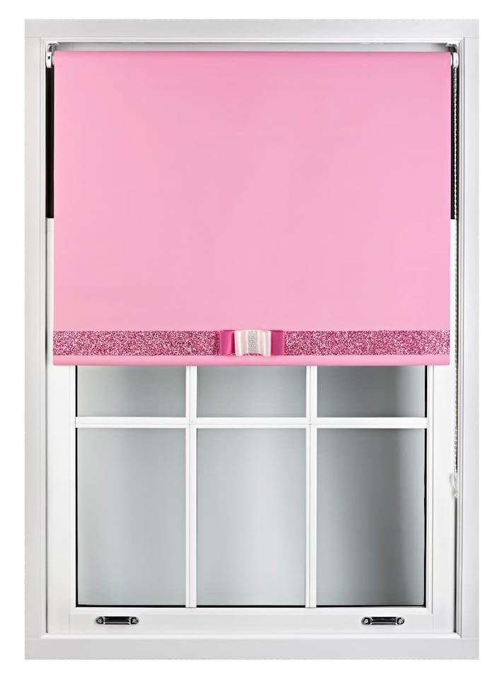 image 1 of FURNISHED Blackout Roller Blind with Pink Glitter Trim and Fuchsia Bow Trimmable Window Shade | Pink | Pink 1 | (W) 120cm x (L) 165cm