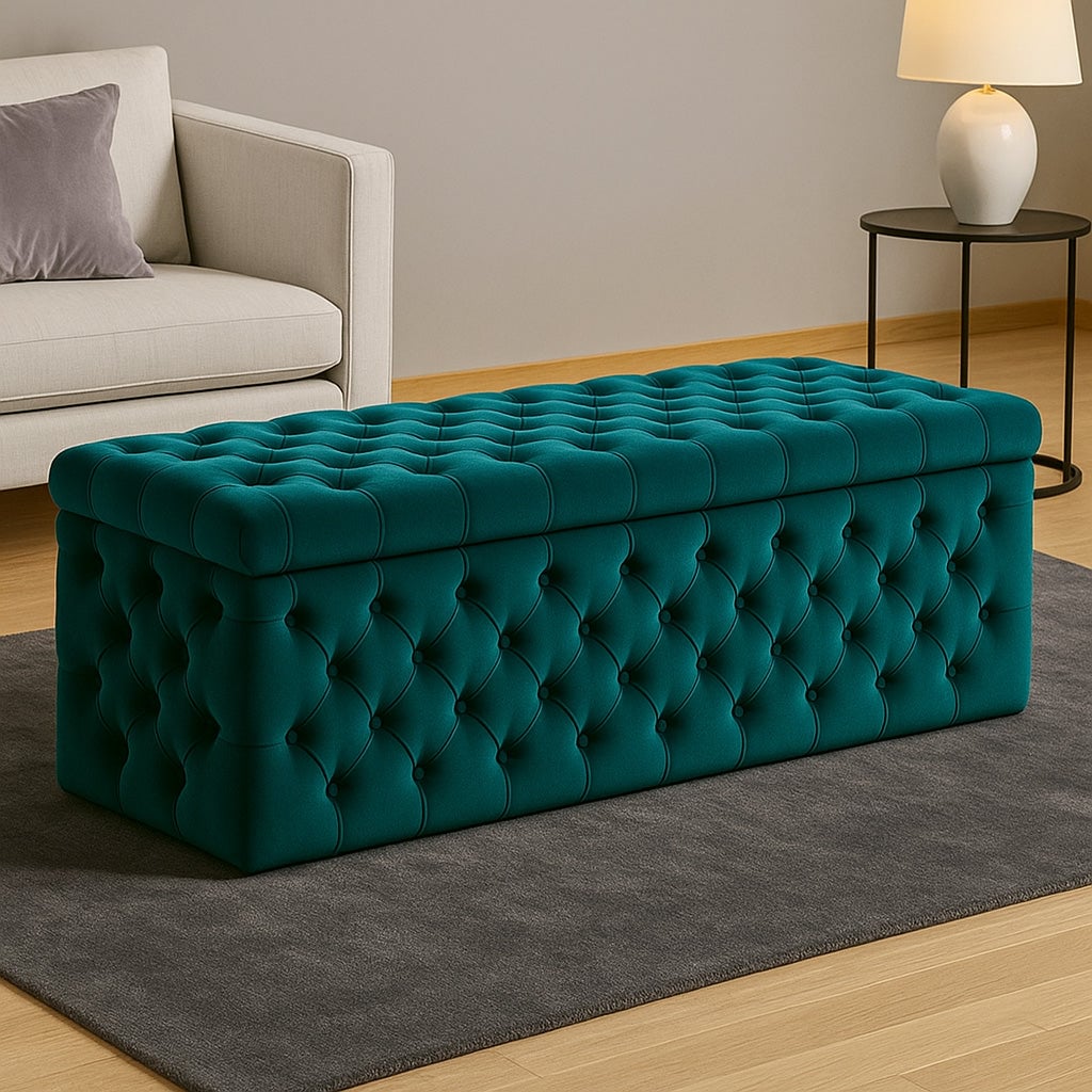 180cm Wide Lux Ottoman Storage Box, Emerald Green Velvet Upholstered Chesterfield Storage Ottoman Box