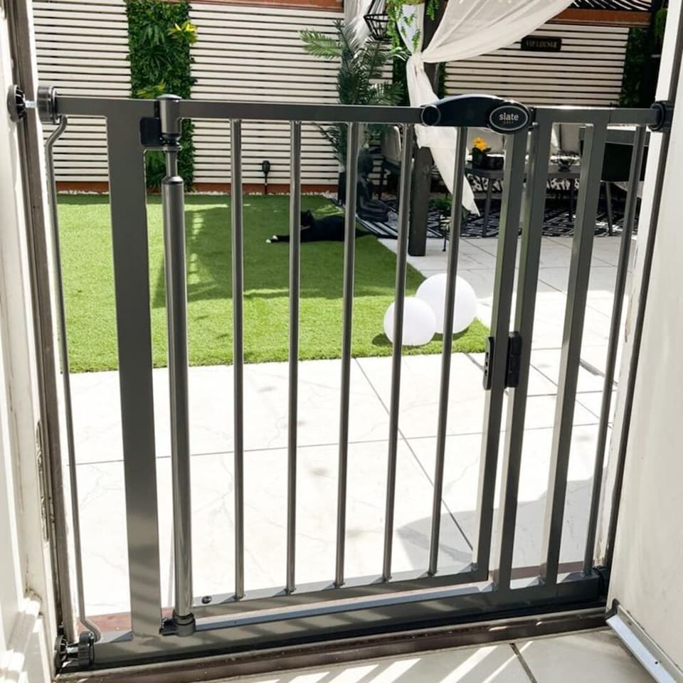 image 1 of Safetots Pressure Fit Self Closing Stair Gate, Narrow, 68.5cm - 75cm, Slate Grey, Auto Closing Baby Gate, Safety Barrier