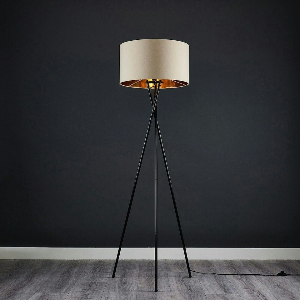 image 1 of ValueLights Camden Black Tripod Floor Lamp Beige & Gold Shade & Bulb Cream