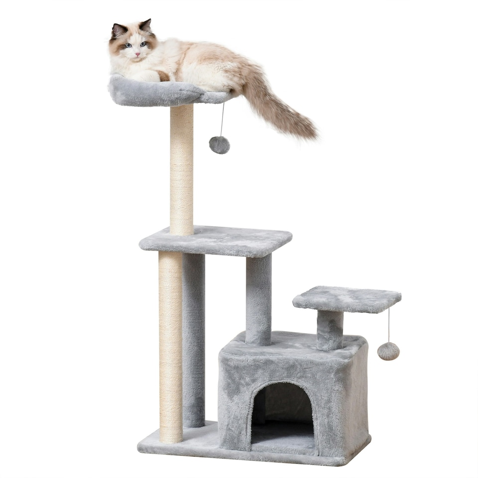 image 1 of PawHut Cat Tree Tower with Sisal Scratching Post Condo 114cm Light Grey