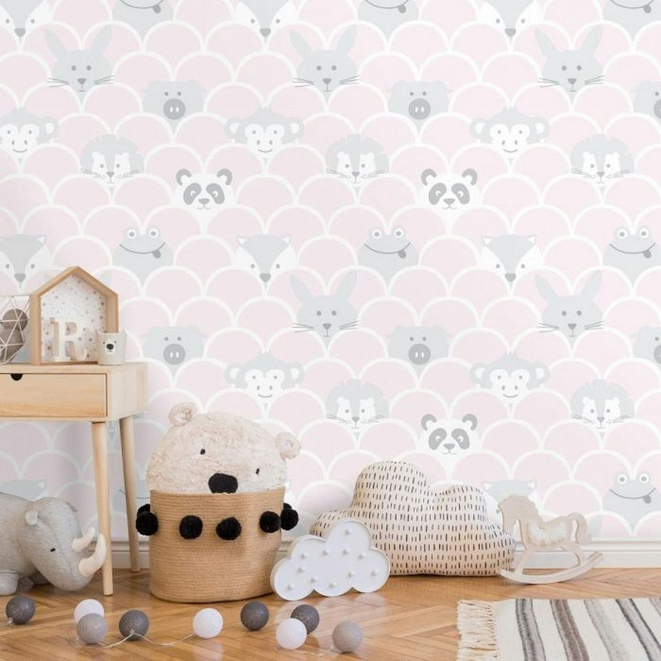 image 1 of Holden Décor Over the Rainbow Peek a Boo Animals Wallpaper - Pink/Grey/White - 32.8ft x 21in Pink