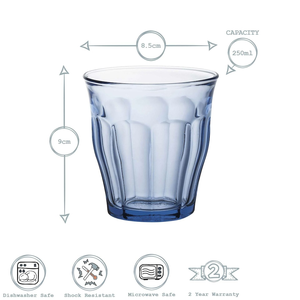 image 1 of Duralex Picardie Drinking Glasses - 250ml Tumblers for Water, Juice - Blue - Pack of 6 Blue