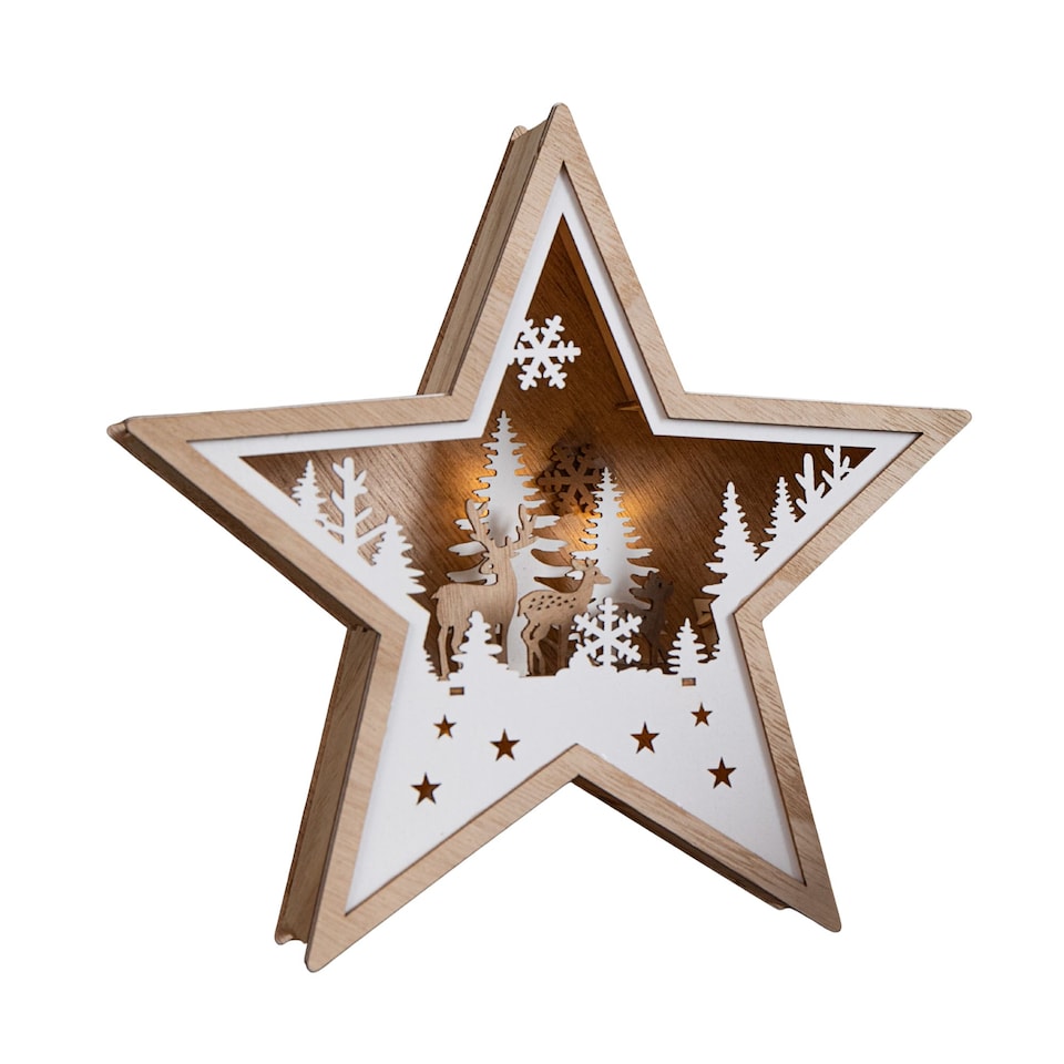 image 1 of 23cm Battery Operated Wooden Star Shape Woodland Scene Christmas Decoration