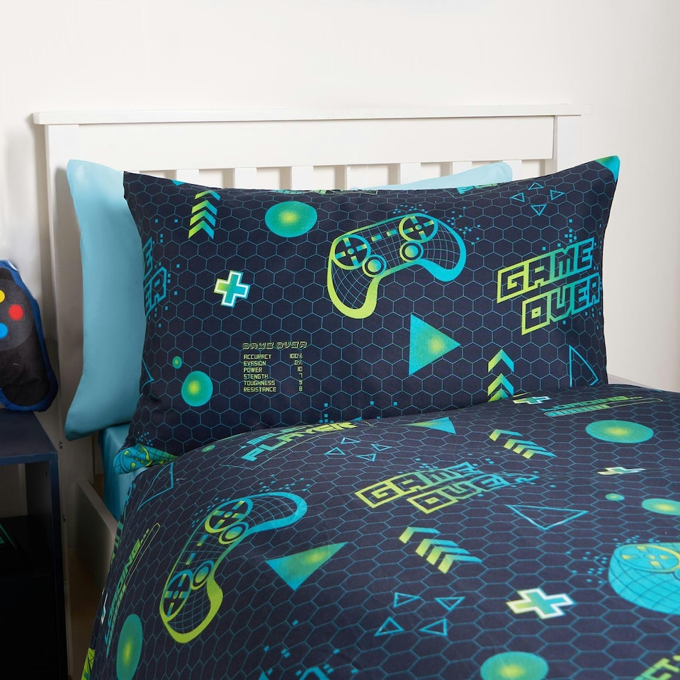 image 1 of OHS Kids Neon Gaming Geo Reverse Duvet Cover and Pillowcase Bedding Set, Double - Green/Blue