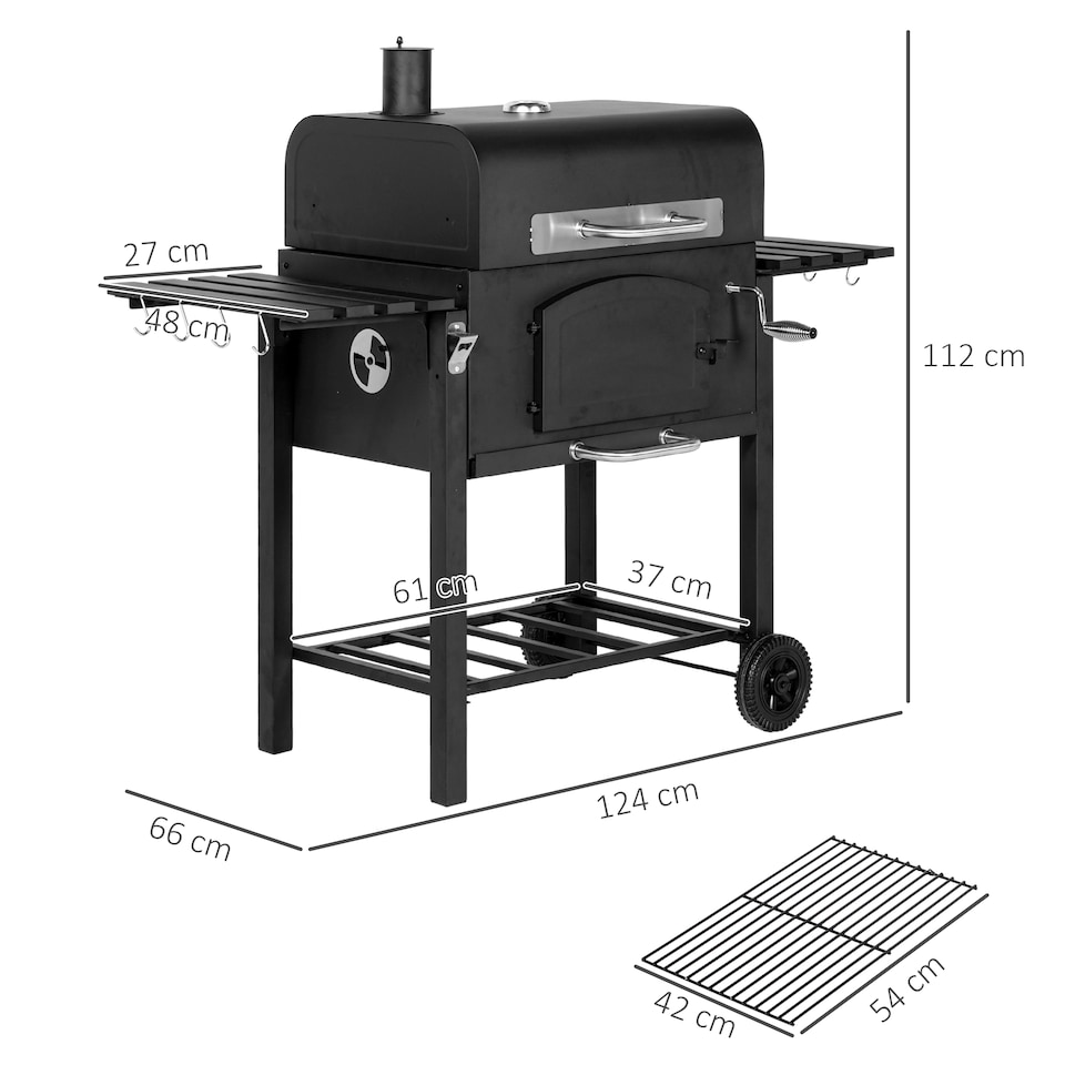 image 1 of Outsunny Charcoal Grill BBQ Trolley w/ Adjustable Charcoal Height & Thermometer | Black | Black