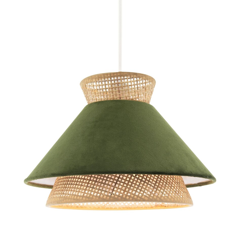 image 1 of Designer Dark Olive Velvet and Natural Rattan Pendant Lighting Shade | Green | Olive Green | 1