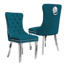 Groundlevel Set Of 2 Plush Velvet Dining Chairs With Lion Head Knocker Luxurious | Blue