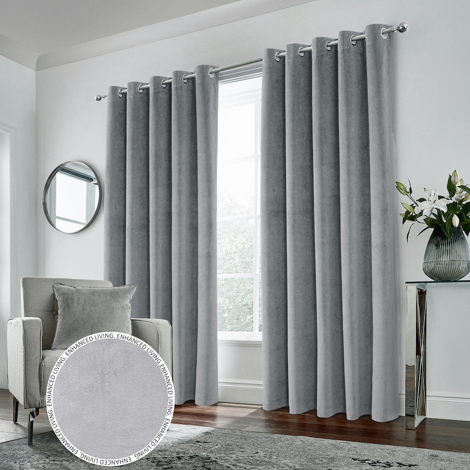 image 1 of Hampton Grey Velvet Curtains 66 x 54 inch (168 x 137 cm) 100% Blackout Eyelet Thermal Noise Reducing Curtains for Bedroom and Living Room