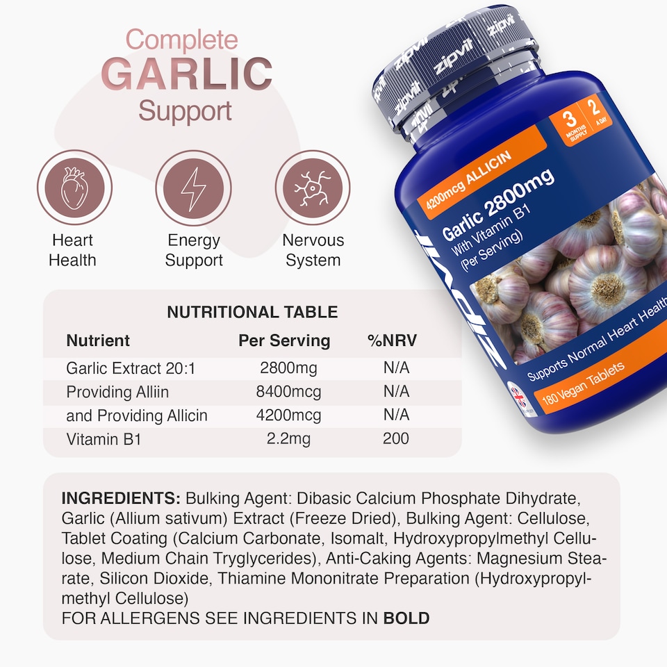 image 1 of Zipvit Garlic 2800mg with Vitamin B1, Heart & Energy Support, Provides Alliin & Allicin, 180 Vegan Tablets, 3-Month Supply