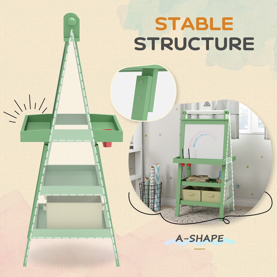 image 1 of AIYAPLAY Double-Sided Art Easel for Kids w/ Paper Roll, Storage Baskets Green