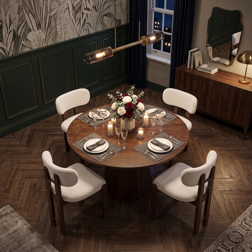 image 1 of FENCHILIN Rustic-style Dining Table and 4 Boucle Chairs 120cm Round Kitchen Set, Walnut