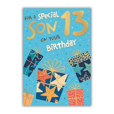 Words 'n' Wishes 13th Birthday Card for Son, Patterned & Foiled Letters With Presents, Multicoloured, 23.5 x 16.5 cms