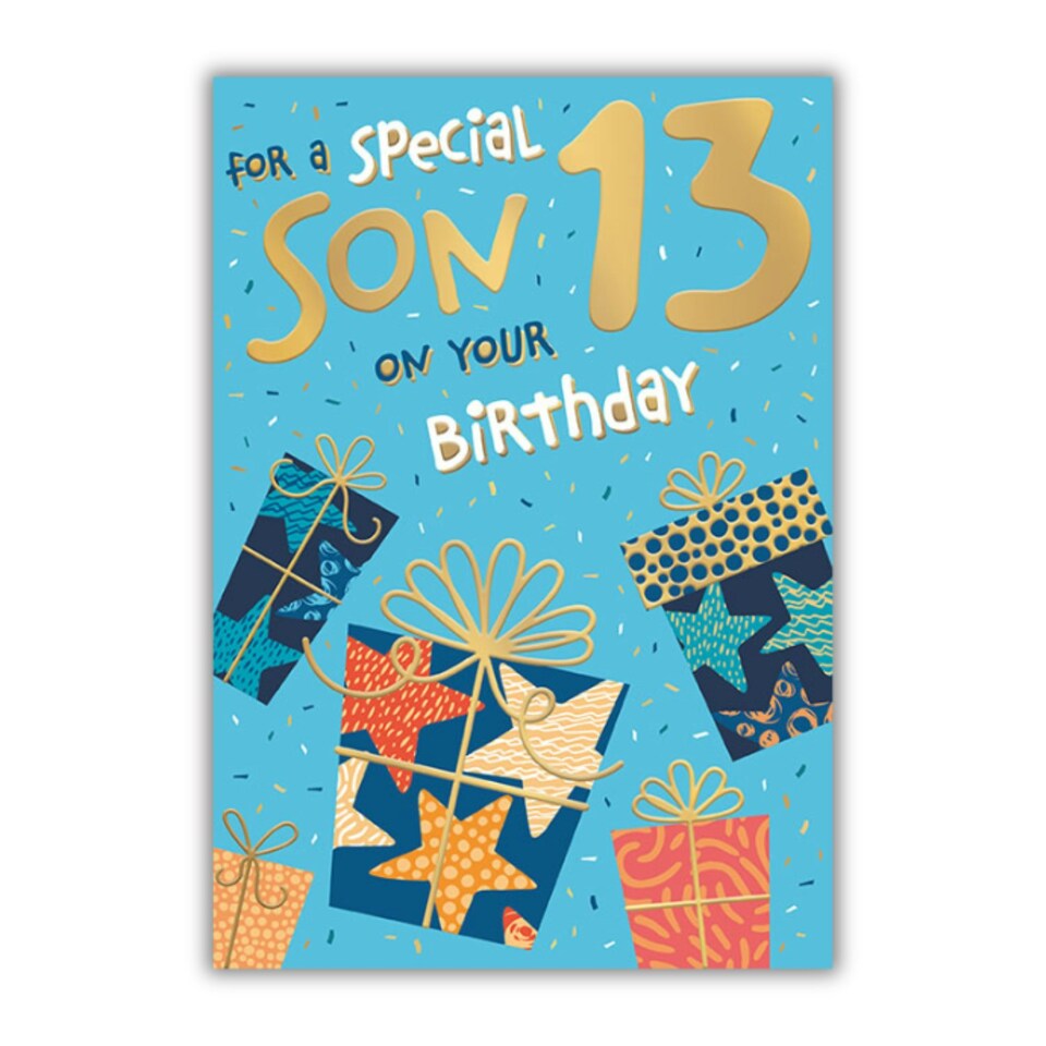 image 1 of Words 'n' Wishes 13th Birthday Card for Son, Patterned & Foiled Letters With Presents, Multicoloured, 23.5 x 16.5 cms
