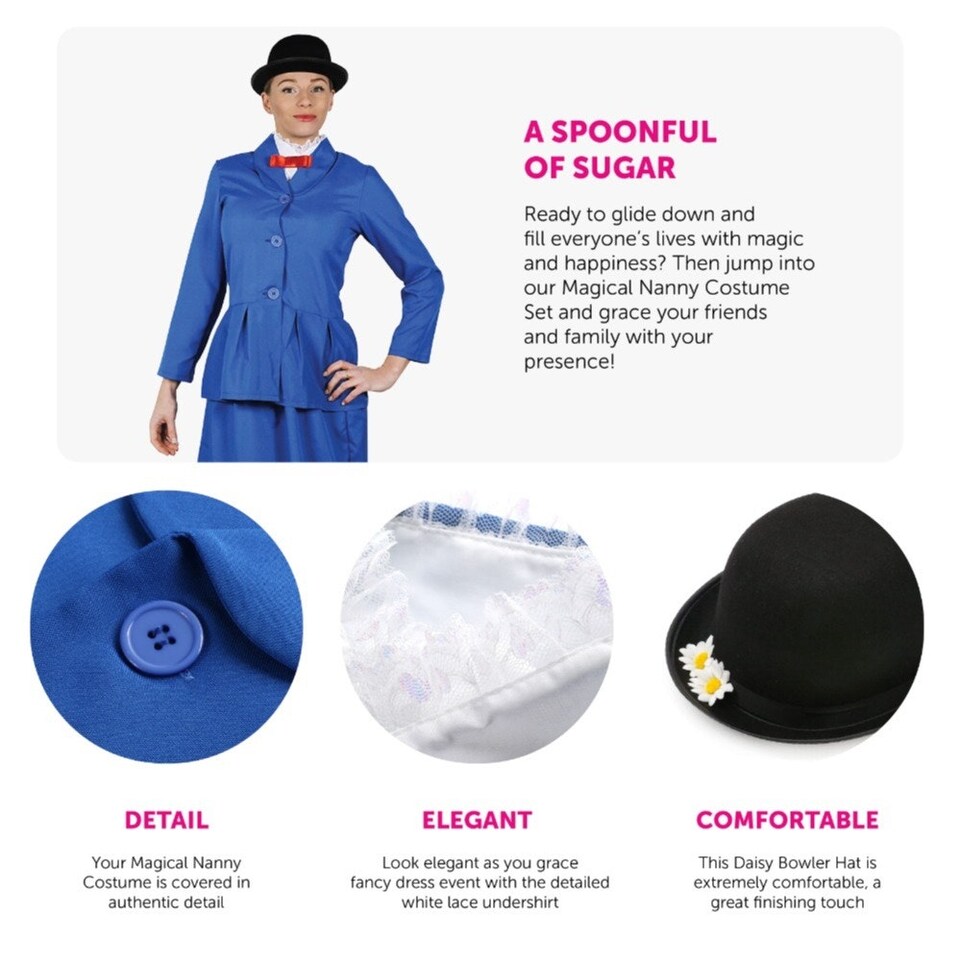 image 1 of Magical Nanny Costume - with Hat & White Gloves | Blue | 2XL