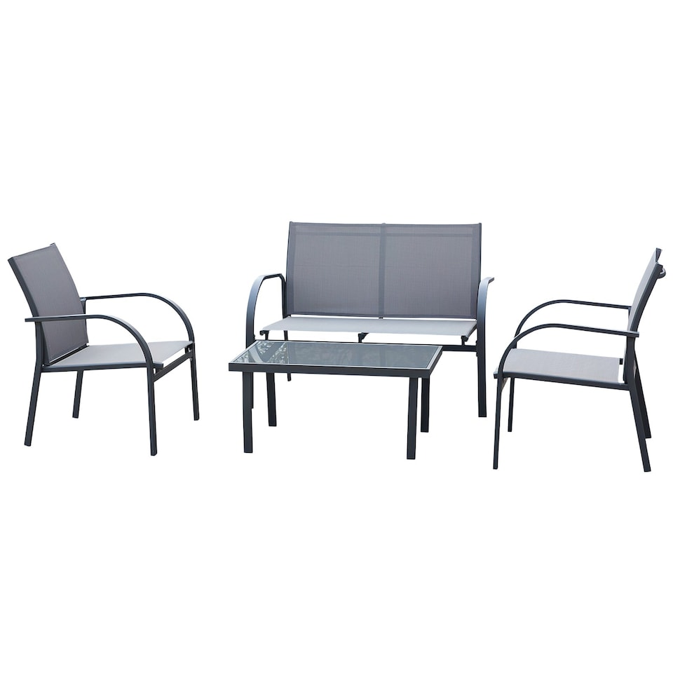 image 1 of Outsunny 4 Pcs Curved Steel Outdoor Furniture Set w Loveseat, 2 Texteline Seats, Glass Top Table Garden Balcony Patio Furniture For Family Party Events Guests Grey